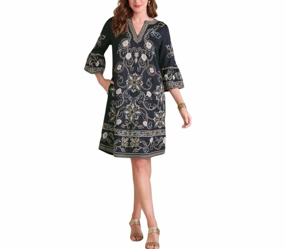 Soft Surroundings Women's Ebba Embroidered 3/4 Sleeve Shift Dress Black L NEW
